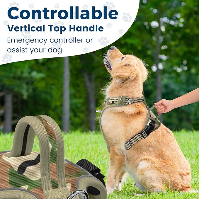 Funfox Dog Harness No Pull, Adjustable Pet Vest Harness, Super Soft Material with Vertical Handle Easy Control, Reflective Night Walking, 2 Leash Clips for Small Sized Dogs, Camo Green, S-PawvioPets