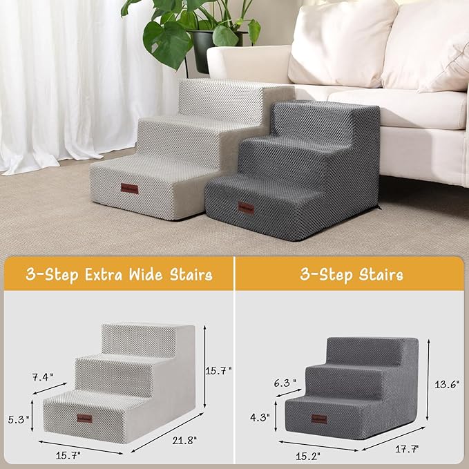 Dog Stairs for Small Dogs & Cats, 3-Step Extra Wide Non-Slip Pet Steps for Couch Sofa and Chair, Light Grey, 15.7" H-PawvioPets