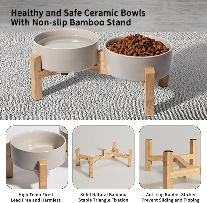 Elevated Ceramic Dog Bowl Set - Raised Feeding Bowls with Non-Slip Bamboo Stand - Small Pet Dishes for Food and Water - Ideal for Cats and Puppies - 16.23 OZ - 2 Cups - 480 ML-PawvioPets