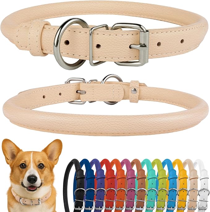 CollarDirect Rolled Leather Dog Collar, Soft Padded Round Puppy Collar, Handmade Genuine Leather Collar Dog Small Large Cat Collars 13 Colors (11-14 Inch, Beige Textured)-PawvioPets