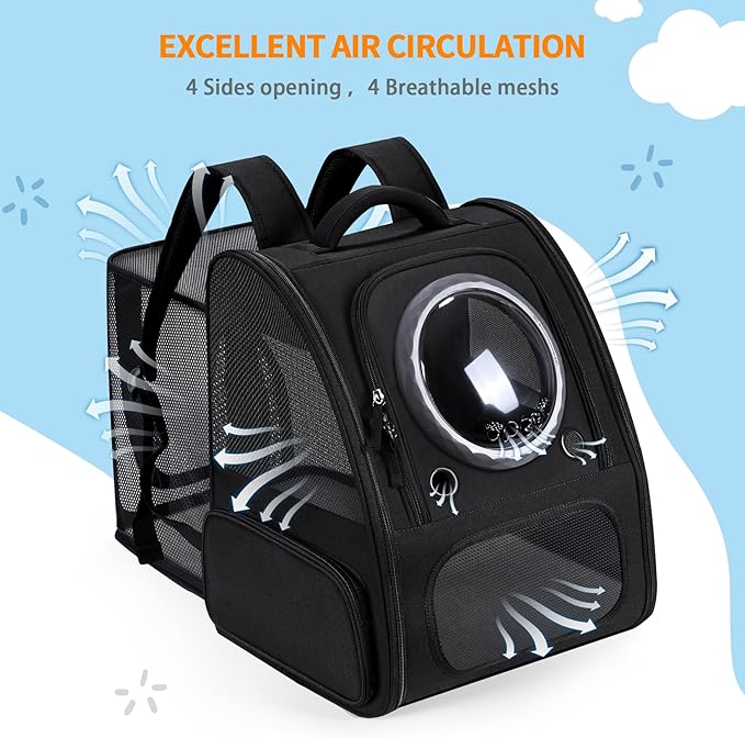 Expandable Pet Carrier Backpack with Transparent Bubble Window, Gray Mesh Travel Bag, Portable Space Capsule Design with Foldable Dogs Carrier for Pets (Black)-PawvioPets