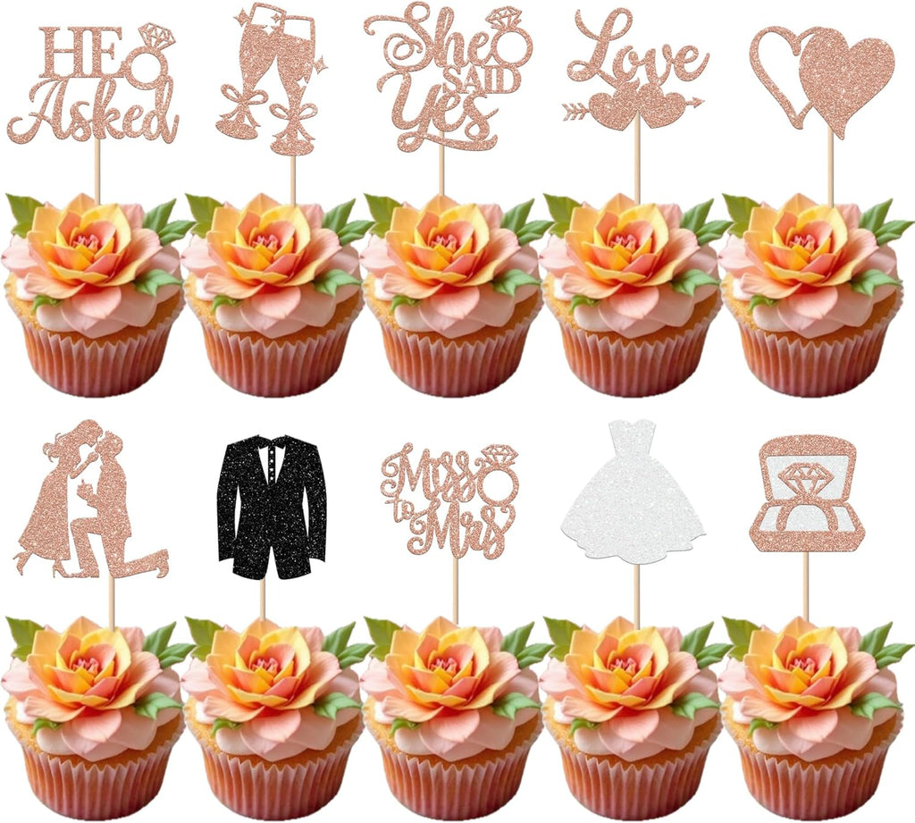 30 Pack Bride to be Cupcake Toppers Glitter Diamond Ring I Do Love Cupcake Picks Miss to Mrs He Asked She Said Yes Bridal Shower Wedding Engagement Bachelorette Cake Decoration Rose Gold