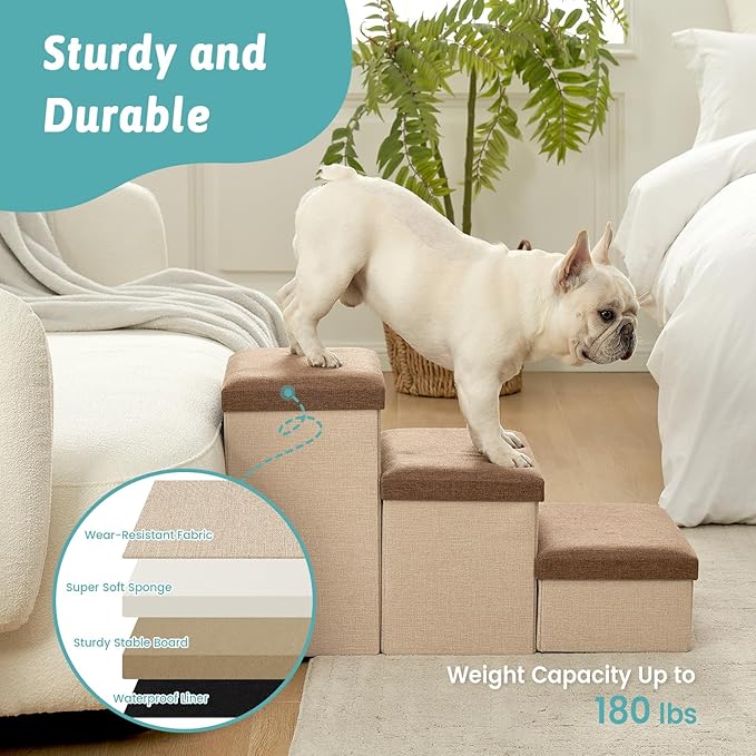 Dog Stairs with Storage, 4-Step Wider Sturdy Dog Steps for Small/Medium/Large Dogs and Older Cats, Folding Doggie Ramp for Bed/Couch/Car Hold Up to 180 lbs (22" H, Brown)-PawvioPets