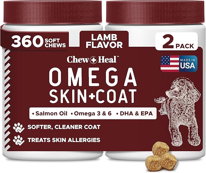 Dog Skin and Coat Supplement -360 Soft Chew Omega Treats for Skin Allergies -Salmon Oil Blend of Essential Fatty Acids, Omega 3, 6, Vitamins, Minerals -Made in USA (2 Packs of 180, Lamb Flavor)-PawvioPets