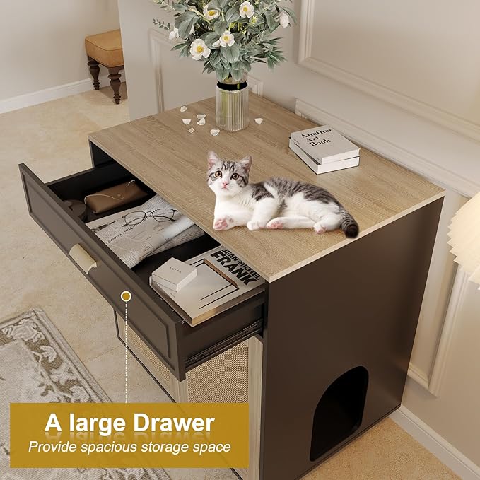 Cat Litter Box Enclosure Furniture Hidden - Indoor 2-in-1 Wooden Cat House & Washroom Cabinet with Scratching Board Doors and Drawer, 31.5”x21.6”x34.6”, Black-PawvioPets