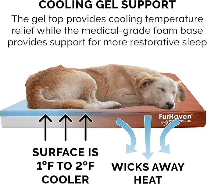 Furhaven Water-Resistant Cooling Gel Dog Bed for Medium/Small Dogs w/ Removable Washable Cover, For Dogs Up to 35 lbs - Indoor/Outdoor Logo Print Oxford Polycanvas Mattress - Chestnut, Medium-PawvioPets