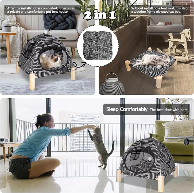 2-in-1 Elevated Cat Tent Cat House, Quick Assembly and Disassembly, Portable Indoor/Outdoor Cute Cat Bed Cave-Black Diamond Pattern-PawvioPets