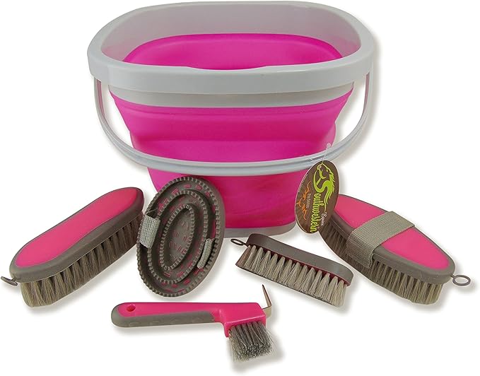 Collapsible Grooming Kit 10 Liter Bucket and 5 Grooming Tools by Southwestern Equine (Pink)-PawvioPets