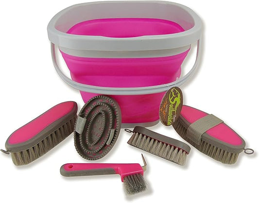 Collapsible Grooming Kit 10 Liter Bucket and 5 Grooming Tools by Southwestern Equine (Pink)-PawvioPets