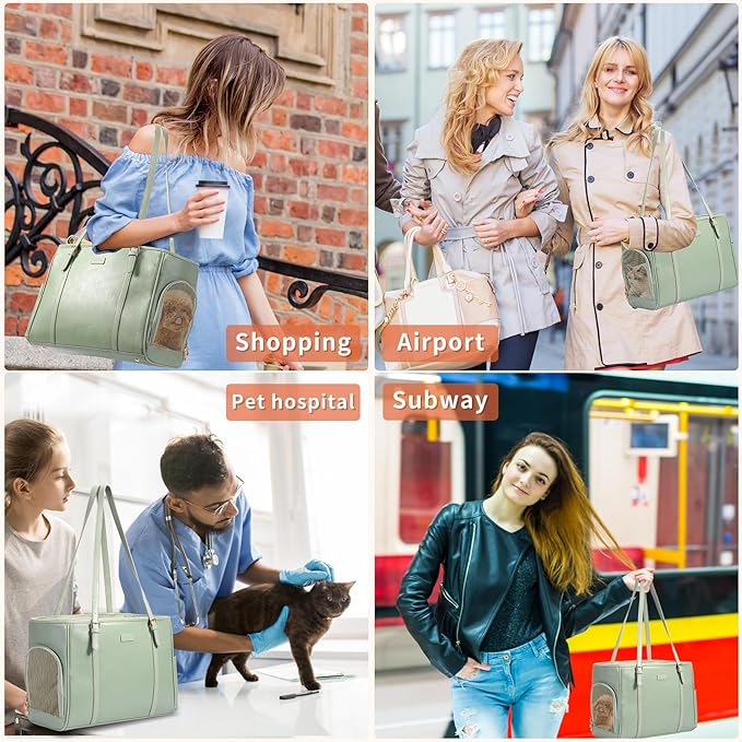 Fashion Dog Purse Pet Carrier Leather Bag for Small Dogs Cats Puppy, Portable Tote Bag Airline Approved Soft-Sided Carriers (Green)-PawvioPets