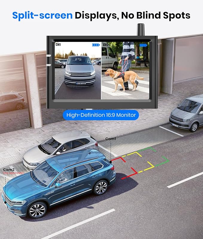 AUTO-VOX Solar Wireless Backup Camera:5" HD 1080P Monitor,3 Mins DIY Installation & 5000 mAh Battery Powered Solar Back Up Camera Systems, IP69K Waterproof Reverse Camera for Car, Van, Truck, Trailer-PawvioPets