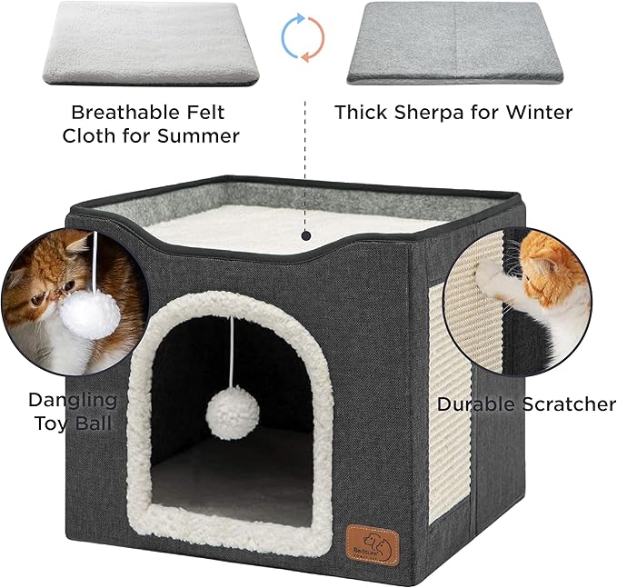 Bedsure Cat Beds for Indoor Cats - Large Cat Cave for Pet Cat House with Fluffy Ball Hanging and Scratch Pad, Foldable Cat Hideaway, 16.5x16.5x13 inches, Dark Grey-PawvioPets