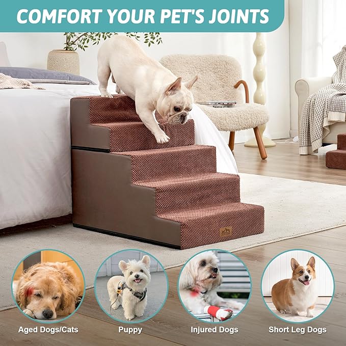 Dog Stairs for Small Dogs, 5 Tier Removable Wider Pet Stairs for Couch and Bed, 23.6" H Non-Slip Dog Steps for Puppies and Old Cats with Support Board, 29.5x19.7x23.6 inch, Brown-PawvioPets
