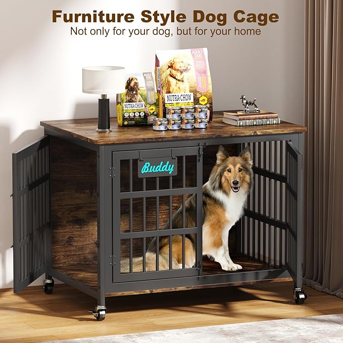 EasyCom 41"/33"/27" Dog Crate Furniture with Name Tag, Heavy Duty Dog Kennel Indoor for Medium Dogs, Double-Doors Sturdy Metal Dog Cage for Anxiety Dog, Decorate House as TV Stand, End Table-PawvioPets