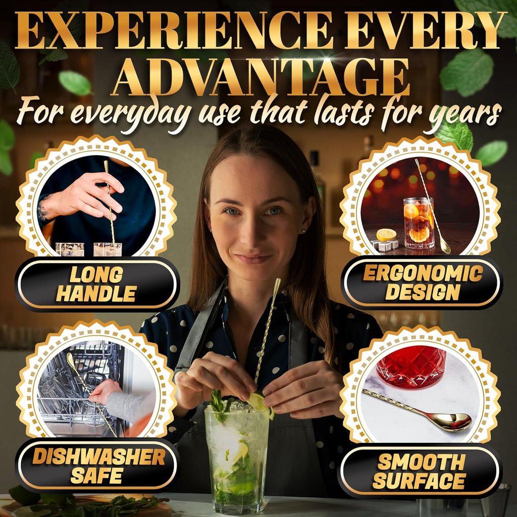 Bar Spoon Set of 4 – Gold Coffee Spoons for Pro and Home Use, Polished Stainless Steel Stirring Spoons with Twisted Spiral Handle - Cocktail Stirrers for Drinks Like Coffee, Smoothie, and Iced Tea