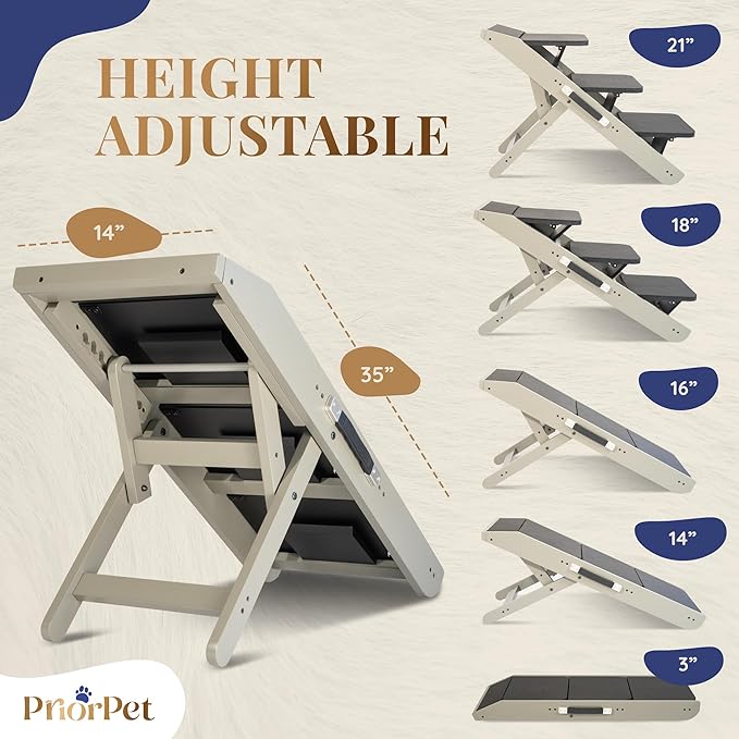 Dog Steps for Bed & Couch 2-in-1 Dog Stairs/Ramp - Height Adjustable Dog Ramp for Couch 7” - 20” - Pet Stairs, Dog Stairs for Small Dogs - Easy to Move Pet Steps with Landing Platform, Gray-PawvioPets