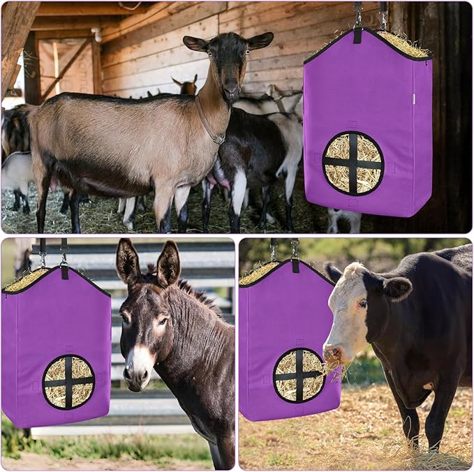3 PCS Goat Hay Feeder,Hay Bags for Horses,Goats,Donkeys with Reinforced Oxford Fabric and High Strength Metal Clasp,Horse Feeding Supplies with Adjustable Strap for Easy Hanging (2Purple+1Grey)-PawvioPets