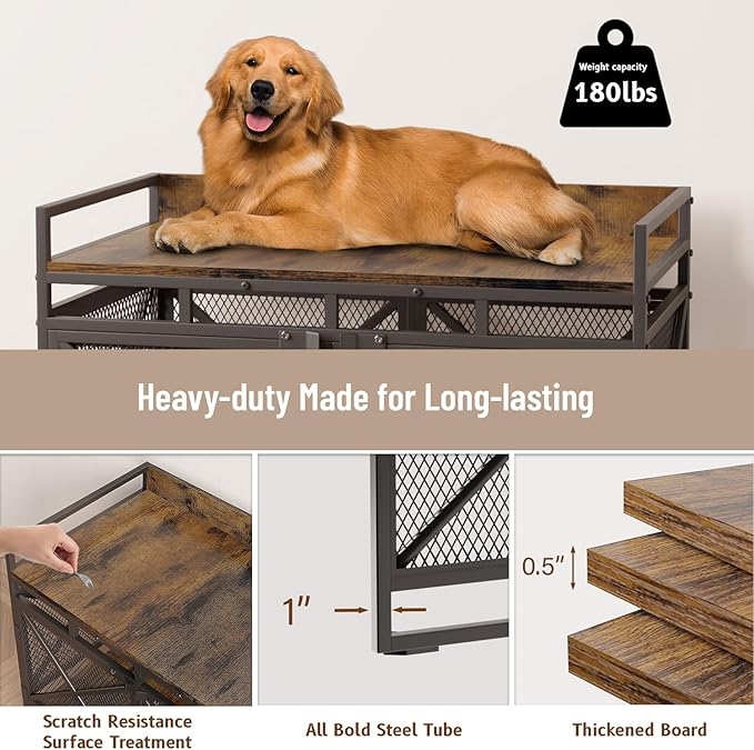COZPAW Large Dog Crate Furniture, 48 Inch Wooden Dog Kennel for XLarge Dogs, Heavy Duty Dogs Furniture Indoor Wire Dog Cage with Caster Wheels, Decorative Pet House End Table, Brown-PawvioPets