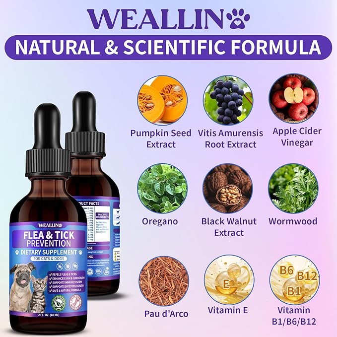 Flea and Tick Prevention Support for Cats and Dogs Natural Flea Treatment Drops with Multivitamin for Pets Oral Natural Supplement Flea and Tick Treatment Drops for All Breeds and Ages-PawvioPets