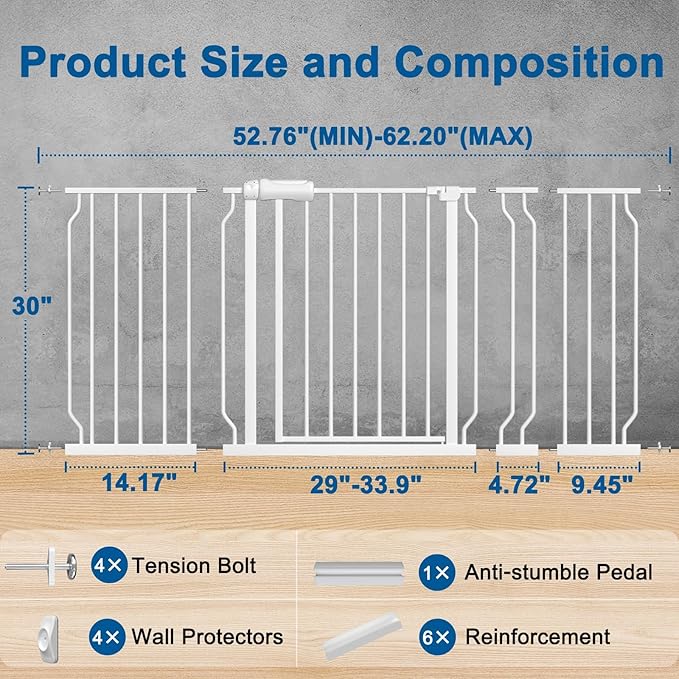 ALLAIBB Extra Wide Pressure Mounted Baby Gate Walk Through Child Kids Safety Toddler Tension White Long Large Pet Dog Gates with Extension for doorways Kitchen (52.76-62.2"/134-158cm, White)-PawvioPets