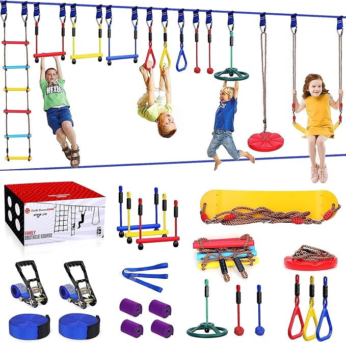 2x65 FT Ninja Warrior Obstacle Course for Kids with 13 Ninja Accessories - 600lbs Weight Capacity, Slackline with Swing Seat, Disc Swing, Ninja Wheel, Rope Ladder, Monkey Bar, Ninja Ring, Arm Trainer-PawvioPets