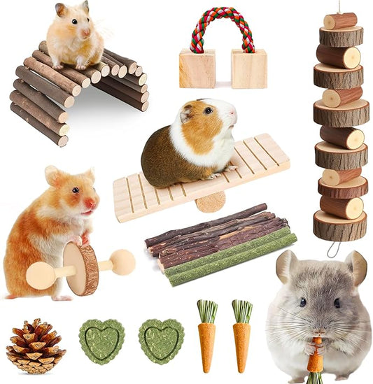 18 PCS Hamster Chew Toys Set, Natural Apple Wood Guinea Pig Toys, Hamster Cage Accessories Include Bridge, Seesaw, Carrot, Timothy Straw Stick Dental Care for Rat Gerbil Chinchilla Rabbits-PawvioPets
