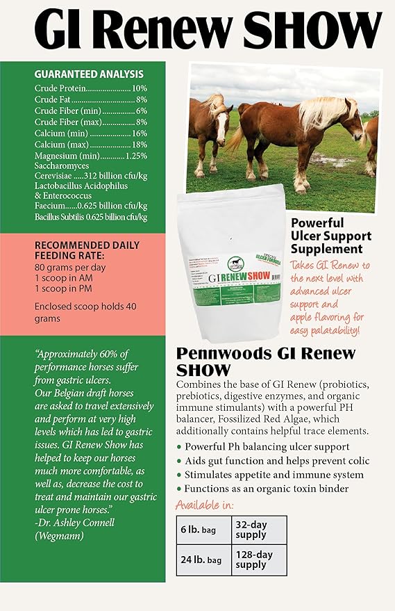 GI Renew Show, Probiotics for Equine, Immune and Appetite Stimulation, Prebiotics, Digestive Enzymes | Horse Supplement Providing Ulcer Relief and Treatment, Organic Toxin Binder, 6 LB Bag-PawvioPets