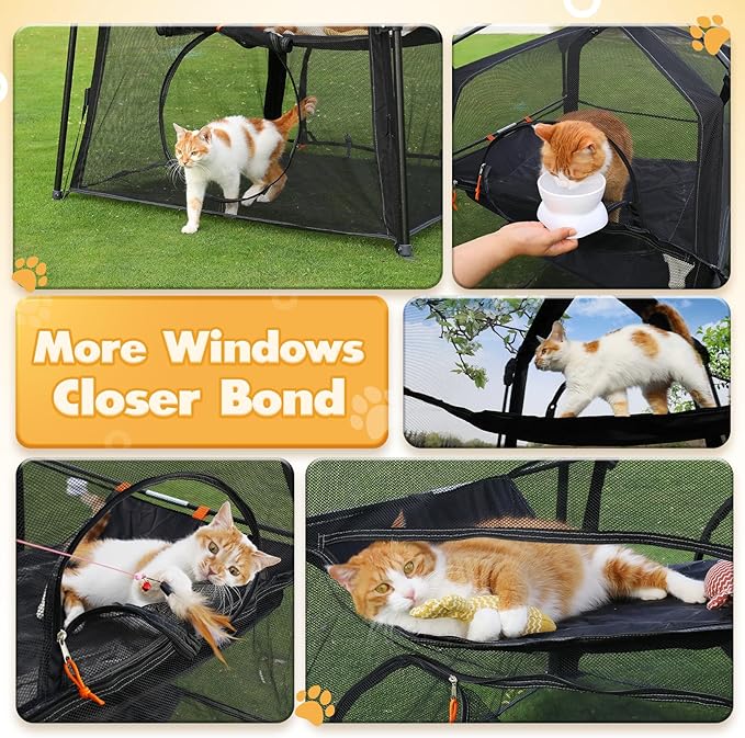 Extra Large Catio Outdoor Cat Enclosure, Rywell 3-Tier Spacious Outdoor Cat Tent, Weatherproof&Sunproof with 5 Windows, Foldable Cat Enclosure for Patio, Camping, Indoor(Includes Carry Bag)-PawvioPets