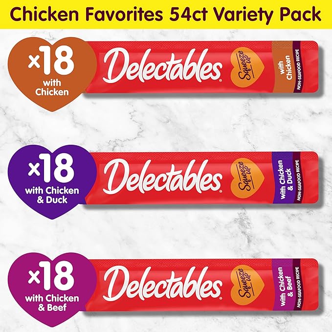 Delectables Squeeze Up Non-Seafood Variety Pack, Creamy Squeezable Puree, Lickable Wet Cat Treats, Grain Free, No Added Fillers, No By-Products, No Added Preservatives, 0.5 Ounces Tube, 54 Tubes Total-PawvioPets