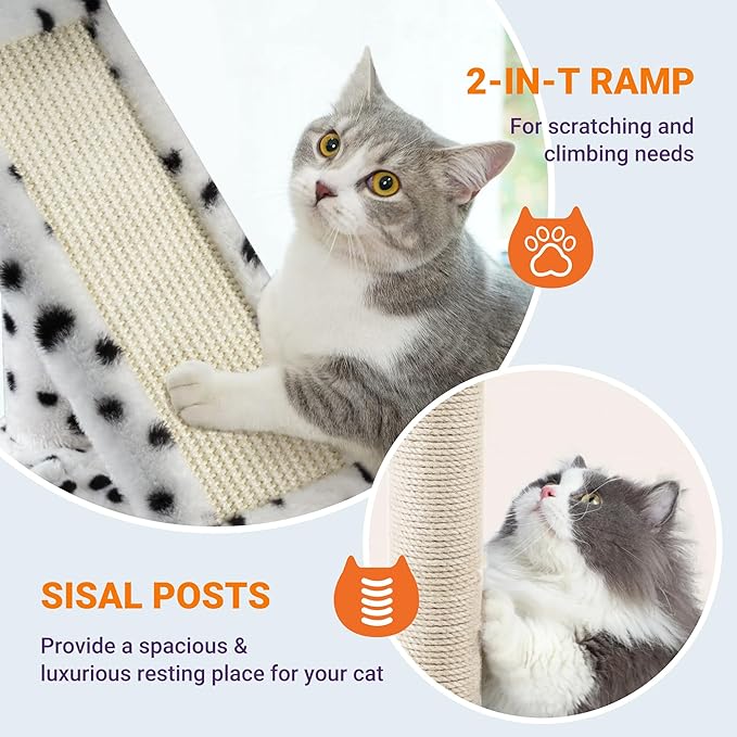 Allewie 81 Inches Tall Cat Tree/Multi-Level Large Climbing Tree House and Towers for Big Feline/Condo and Hammock/Scratching Post/Wide Base/White & Black Spot-PawvioPets