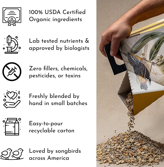 Flying Colors Premium Organic Wild Bird Seed | Black Oil Sunflower Seed | USDA Organic Ingredients | Best Seed for Backyard Bird Feeders | 3 Gallon Easy-Pour Carton-PawvioPets