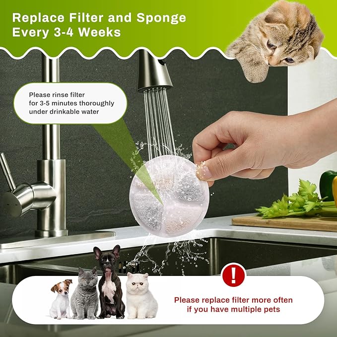 5 Set Cat Water Fountain Filter Replacement for Round 2L/67oz Stainless Steel Cat Fountain, ZEKIRY Pet Fountain Filter, Triple Filtration Replacement Filters(5 Filter, 5 Sponge, 5 8D Sponge)-PawvioPets