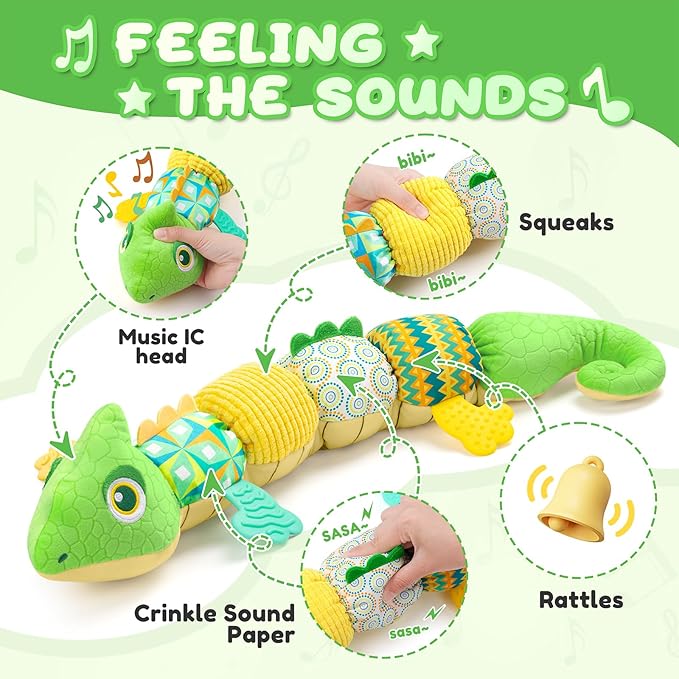 Baby Toys 0-6-12 Months, Musical Stuffed Animal Activity Soft Toys with Multi-Sensory Crinkle,Rattles and Textures,Infant Tummy Time Toys for Newborn Boys Girls,Dinosaur,Green-PawvioPets