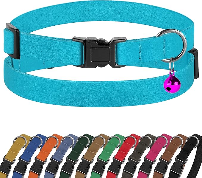 Breakaway Cat Collar Leather with Removable Bell - 13 Colors Available - Soft Adjustable Girl Boy Safety Lightweight Pet Kitten Collars Pink Brown Blue Green Red Orange Black (Aquamarine)-PawvioPets