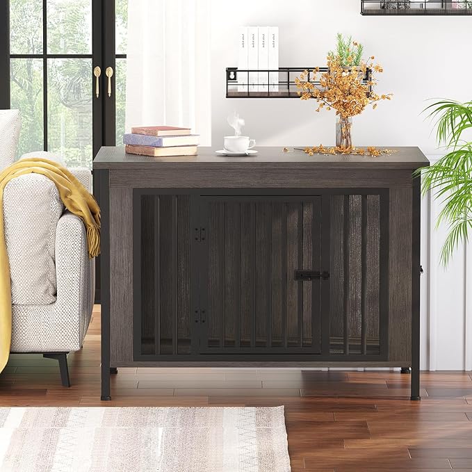 EasyCom 39.96" XL Wooden Large Dog Crate Furniture for Medium and Large Breed, Chew-Resistant Dog Kennel Furniture Indoor with 2 Doors and 3.94" Raised Feet, as TV Stand, End Table, Crate Table-PawvioPets