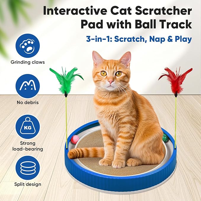 20-Inch Round Cat Scratcher with Ball Track – 3-in-1 Cardboard Scratching Pad with Feather Toy & Non-Slip Base – Interactive Cat Toy for Indoor Cats, Kittens & Large Cats (Blue)-PawvioPets