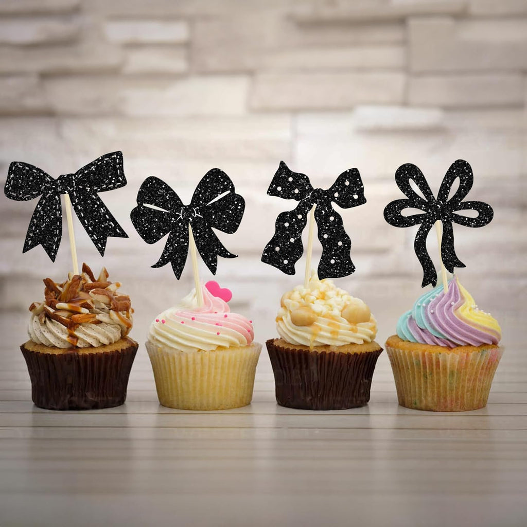 Ephlyn 24Pcs Bow Cupcake Toppers Bow Birthday Cake Topper Girls Birthday Party Decorations Bowknot Cupcake Decorations for Bridal Baby Shower Birthday Wedding Themed Party Black