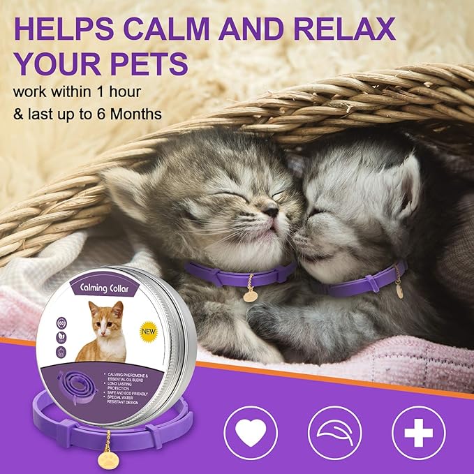 4 Pcs Cat Calming Collar Adjustable Lavender Scent Relaxing Cat Collar with 2 Pendant for Puppies Reduce Stress Aggression Anxious, up to 15 Inches(Purple, Gold)-PawvioPets