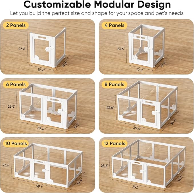 Acrylic Clear Dog Play Pen Indoors, Puppy Playpen with Door for Small Dogs Puppies, Transparent Plastic Pet Playpen Cage Fence Crate Kennel for Cat Kitten Rabbit Bunny Ferret etc (White-12 Panels)-PawvioPets