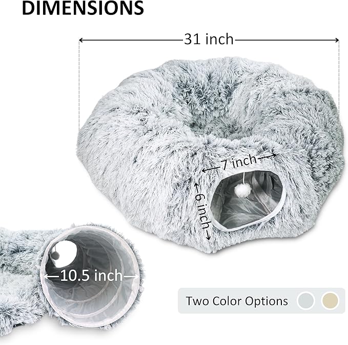 Cat Donut Bed with Washable Cushion – Cat Caves for Indoor Cats – Collapsible Donut Bed with Peekaboo Pet Tunnel & Tunnel Toy – Cozy Hideout for Kittens, Ferrets, Rabbits & Dogs – Grey-PawvioPets