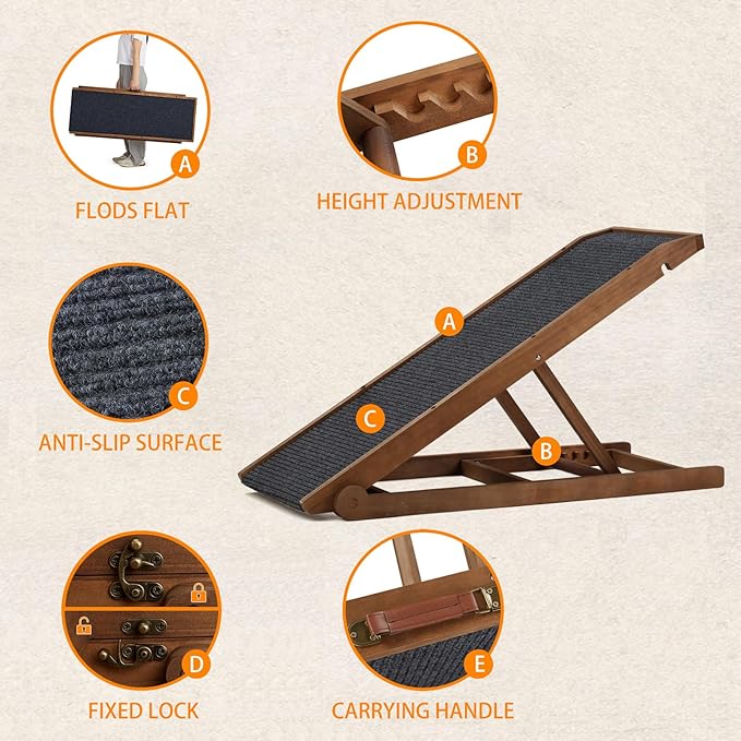 Dog Ramp for Bed Couch - Pet Steps Stairs to Get on Bed Couch 11.8"-19.6" High for Small or Large Dog Up to 200 lbs, Adjustable Wooden Dog Ramp Steps Foldable Portable, Anti-Slip Carpet (Natural)-PawvioPets