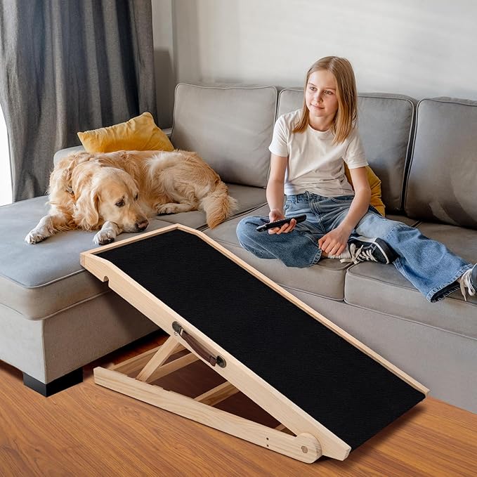 Dog Ramp for Bed, Adjustable Pet Ramps for Dog to Get on Bed, Non-Slip Rubber Surface - Folding Wooden Dog Ramp for Small/Large/Old Dogs, Adjustable up to 19.5 inch High Beds-PawvioPets