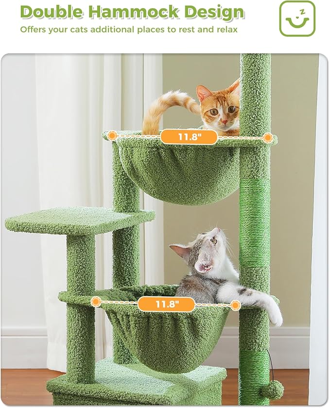 Cactus Cat Tree, 47.6" Cat Tower with 2 Metal Frame Hammock, Cat Scratching Post for Indoor Cats with 2 Removable Pompom Sticks for Kittens, Green-PawvioPets