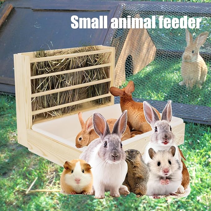 2 in 1 Wooden Rabbit Hay Feeder Box Safe Bunny Feeder Manger Grass Food Holder Rack Hay Holder with Toilet Rabbit Hay Feeder with Litter Pan Designed for Rabbits Guinea Pig Hamster Small Animals-PawvioPets