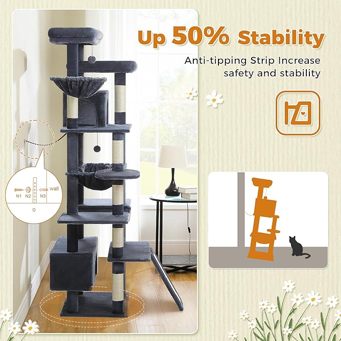 81 Inch Tall Cat Tree for Big Cats & Multi-Cat Homes, Large Heavy Duty Cat Tower with Metal Frame Hammock, 6 Scratching Posts, 2 Condos, 2 Perches, Scratching Pad - Dark Grey-PawvioPets