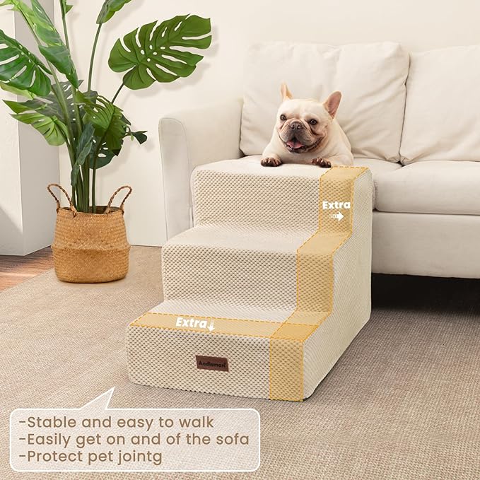 Dog Stairs for Small Dogs & Cats, 3-Step Extra Wide Non-Slip Pet Steps for Couch Sofa and Chair, Beige, 15.7" H-PawvioPets