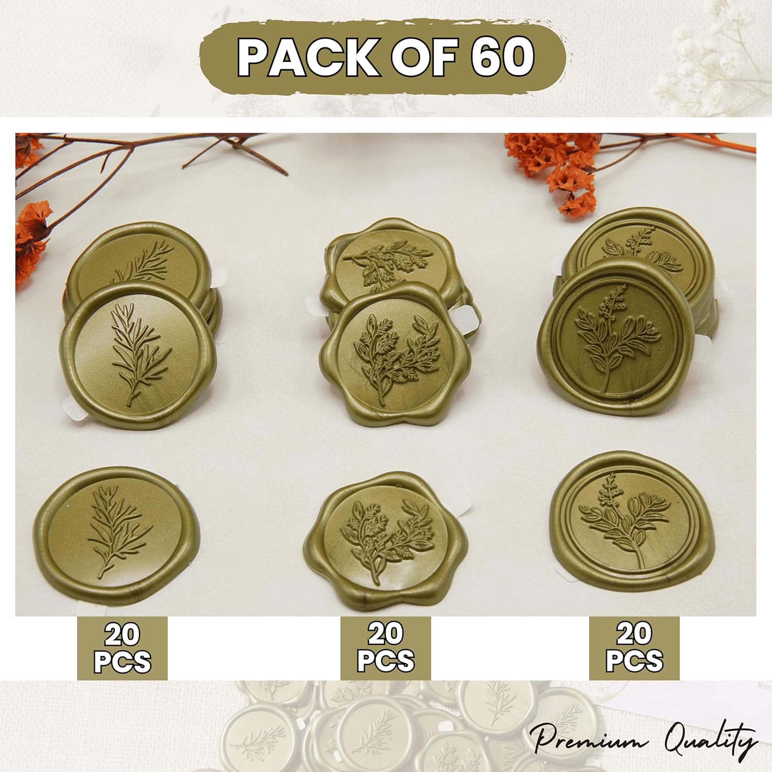 Wax Seal Stickers (60 Pcs, 3 Designs in 1 Pack) Premium Envelope Seal Stickers for Wedding Invitation Envelopes, Adhesive Wax Seals, Perfect for Seating Chart, Gift Wrapping