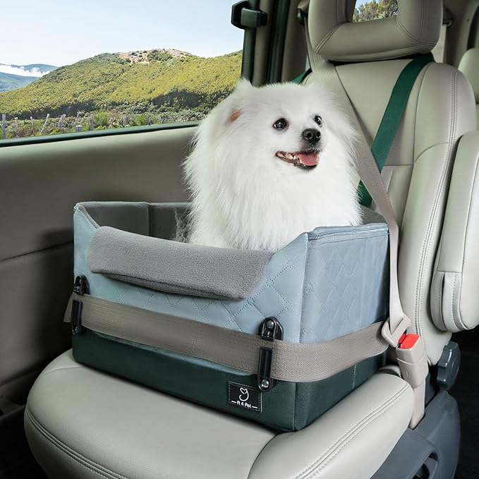 A 4 Pet Dog Car Seats for Small Dogs, Booster Car Seat with Patent Buckles & Clip-On Safety Leash, Pet Seat for Puppy Small Dogs Cats Under 25 Lbs, Green-PawvioPets