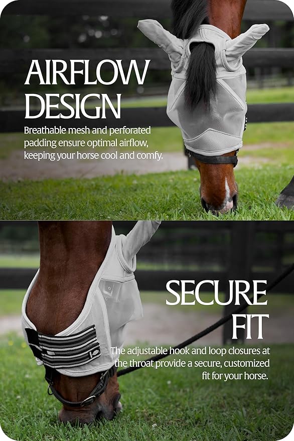 Equinavia Algard Soft Mesh Horse Fly Mask with Ear Protection and 45 UPF Rating | No Eye Irritation & UV Protection - Silver - Cob-PawvioPets