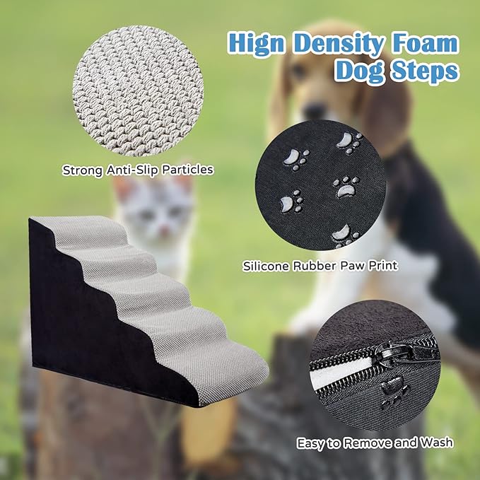 Curved Dog Stairs 24 inches High, Dog Ramp Stairs for Small Dogs for High Beds 20-25 inches Tall, 30D Foam Dog Steps for Beds 24 inches, Pet Stairs/Steps for Old Dogs Cats, Grey-PawvioPets